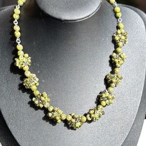 Green Unakite & Crystal Cluster Bead Necklace